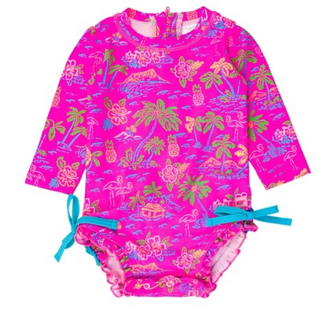 RuffleButts Baby/Toddler Girls Long Sleeve Rash Guard UPF50+ Sun Protected Bikini Swimsuit - Purple Garden, 3T