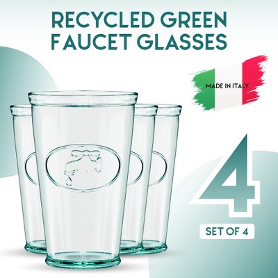 Italian Recycled Green Hiball Glass Set with Embossed Water Faucet, 16 oz