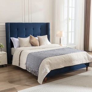 KIGFTSOD Traditional Hand Buttoned Tufting Upholstered Bed with 54" High Headboard and Nailhead Trim Wingback - 1 of 4