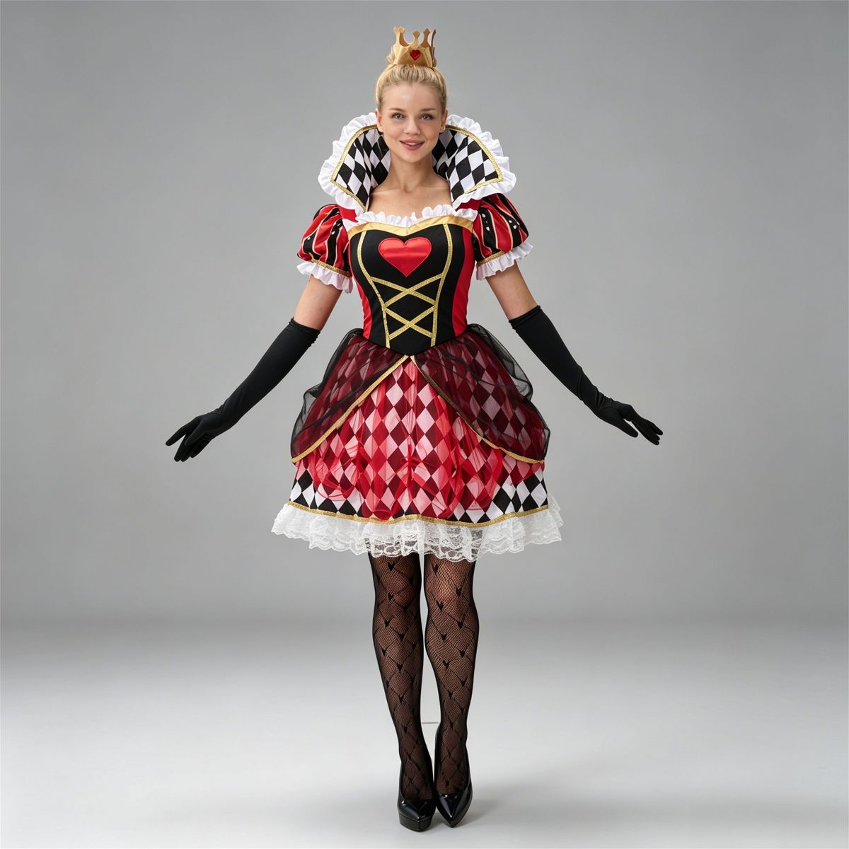 Joyfy Halloween Red Heart Queen Costume for Women, Adult Halloween Costume Dress with Headband, Gloves and Stockings