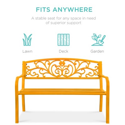 Marigold Gold Steel Outdoor Bench with Floral Backrest