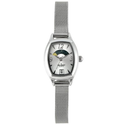 Peugeot Women's Silver Dial  Sun Moon Watch 30x20mm Calendar Mesh Bracelet