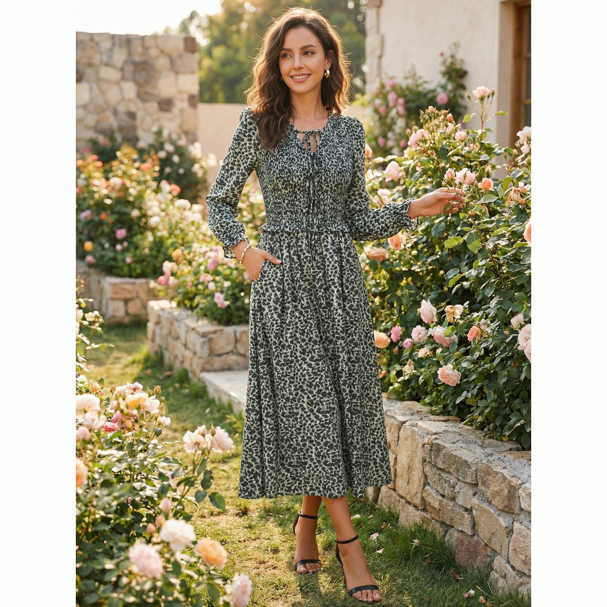 Женские платья INSPIRE CHIC Women's Leopard Print Long Sleeve Tie V Neck Smoked Flowy Midi Dresses with Pockets Small Black — фото 2