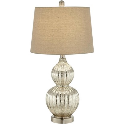 Regency Hill Cottage Table Lamp Silver Mercury Glass Fluted Double Gourd Beige Tapered Drum Shade for Living Room Family Bedroom