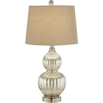 Regency Hill Lili 25" High Fluted Modern Country Cottage Table Lamp Silver Mercury Glass Single Beige Shade Living Room Bedroom Bedside Nightstand