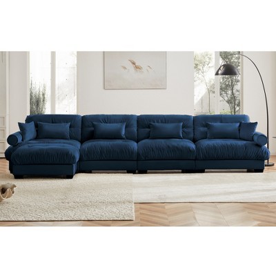 Aukfa Blue Velvet Large  Sofa with Bolster Armrests, Waist & Throw Pillows – Modern Couch for Living Room, Bedroom or Office