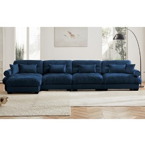 Aukfa Blue Velvet Large  Sofa with Bolster Armrests, Waist & Throw Pillows – Modern Couch for Living Room, Bedroom or Office - 1 of 4