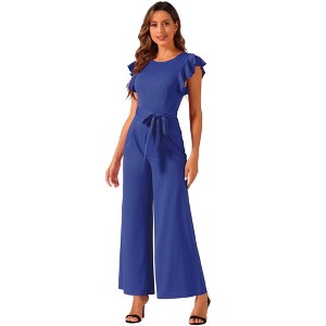 Allegra K Women's Sleeveless Ruffle High Waist Wide Legs Belted Jumpsuits - 1 of 4