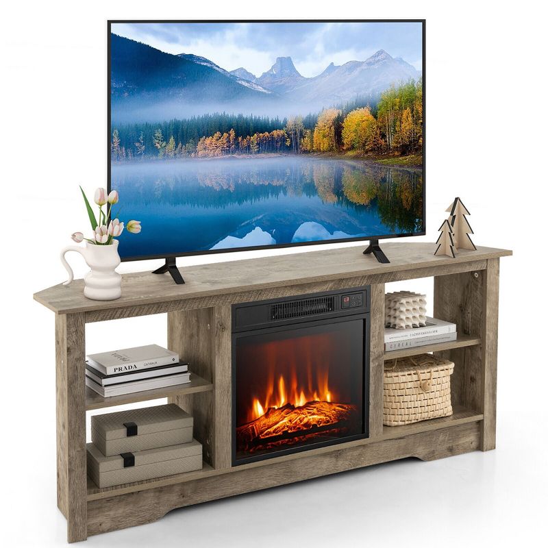 Tangkula 58" Fireplace TV Stand w/ 18" 1400W Electric Fireplace Adjustable Brightness Grey, 1 of 2