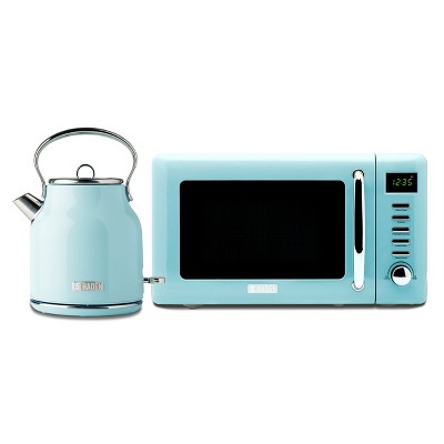 Haden Heritage 1.7 Liter Stainless Steel Electric Kettle Bundled with 0.7 Cubic Foot Compact Countertop Microwave Oven, 700 Watts, Turquoise & Chrome