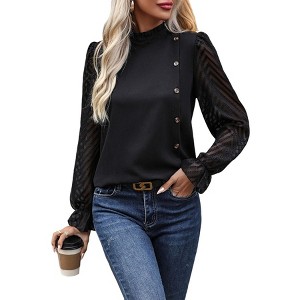 Women's Trendy Pullover Top with Sheer Sleeve Panels High Neck Long Sleeve Shirt with Button Details Casual Chic Blouse/ - 1 of 4