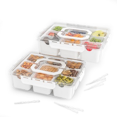 YIGII Divided Serving Tray with Lid and Handles 9 Compartments Snack Box Container Charcuterie Organizer Snackle Box Container for Candy,Nuts，White