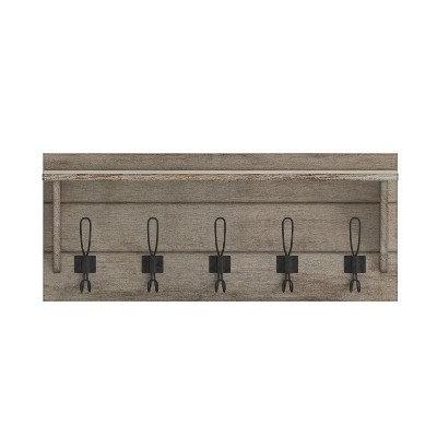 Weathered Pine Wood Wall Mount Storage Rack with 5 Hooks and Shelf