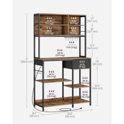 Rustic Brown and Black Adjustable Bakers Rack with Charging Station