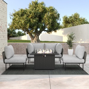 LayinSun 5 Pieces Rope Woven Patio Furniture Set, Modern Modular Sectional Sofa with Fire Pit Table and Upgrade Thickness Cushion - 1 of 4