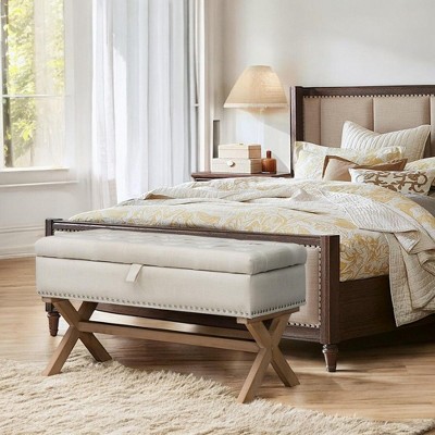 Alilang 35.10 Tufted Upholstered Storage Bench with Nailhead Trim and X-Base Legs-Light Beige