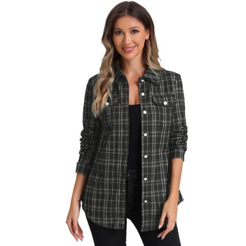 Allegra K Women's Button Down Plaid Faux Pockets Tweed Shackets Jackets Medium Black