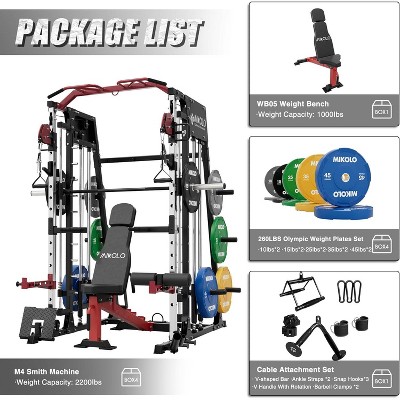 ER KANG Smith Machine, 2200lbs Squat Rack with LAT-Pull Down System & Cable Crossover Machine, Training Equipment with Leg Hold-Down Attachment