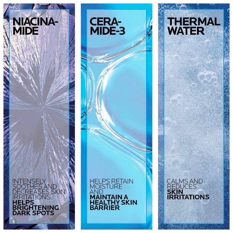Three panels highlighting moisturizer ingredients: niacinamide for soothing and brightening dark spots, ceramide-3 for moisture retention and skin barrier maintenance, and thermal water for calming skin irritations.