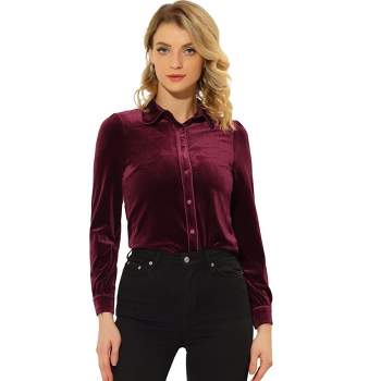 Allegra K Women's Button Down Solid Color Long Sleeve Velvet Work Shirt