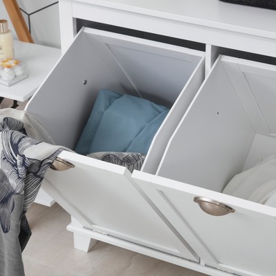 White MDF Tilt-Out Laundry Sorter Cabinet with Dual Compartments