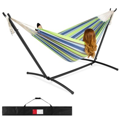 Best Choice Products 2-Person Brazilian-Style Cotton Double Hammock with Stand Set w/ Carrying Bag - Blue/Green Stripes