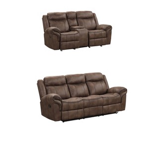 Benzara Arisa Sofa and Loveseat Manual Recliner Set Brown Faux