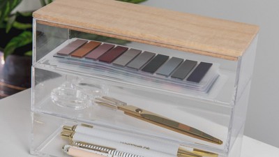 Clear Stackable Plastic Organizer Bins with Light Wood Lid, 3 Pack