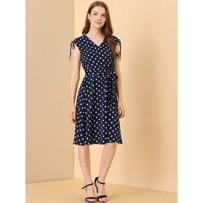 Женские платья INSPIRE CHIC Women's V-Neck Sleeveless Polka Dots Dress Medium Dark Blue — фото 3