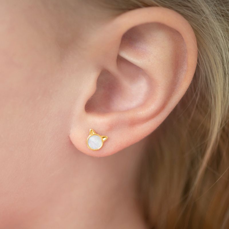 Girls' Mother of Pearl Kitty Screw Back 14k Gold Earrings - In Season Jewelry, 4 of 7