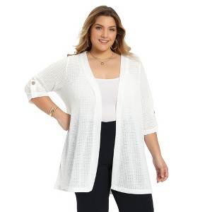 Women's Plus Size Open Front Hollow Out Crochet Knit 3/4 Sleeve Side Slits Lightweight Cardigans - GRACE & GRANDEUR - 1 of 4