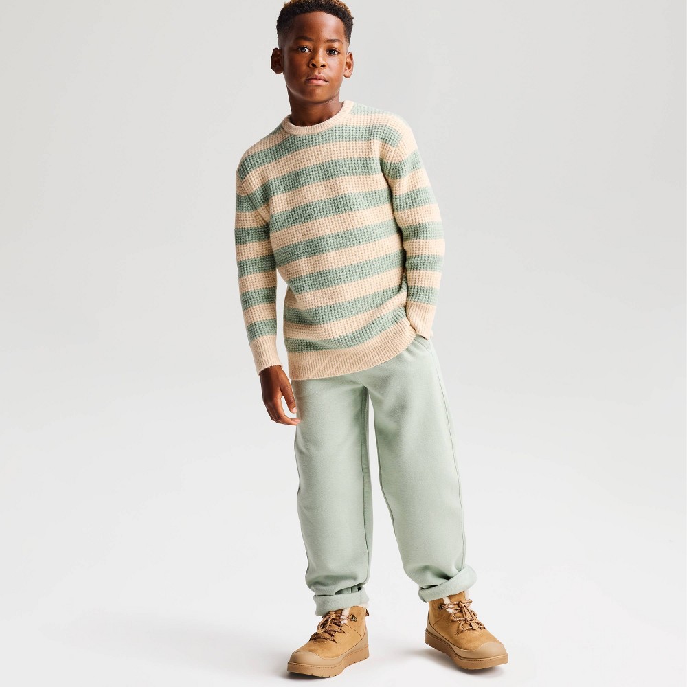 Boys' Striped Waffle Knit Crewneck Pullover Sweater - Cat & Jack™ Sage Green/Khaki S