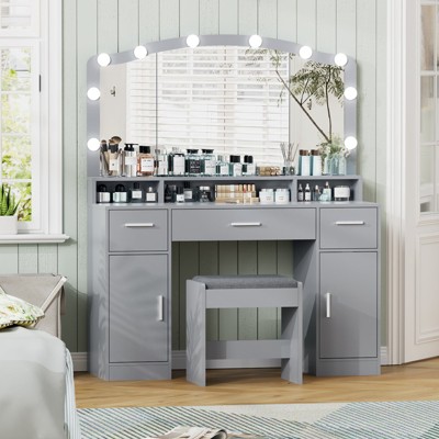 USIKEY Large Vanity Set with Large Lighted Mirror, Modern Makeup Vanity Table with 3 Drawers, 2 Storage Cabinets & 10 LED Bulbs, Gray