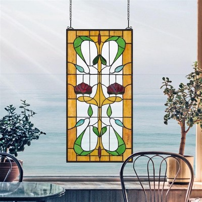 Ruskin Rose Amber and Ruby Stained Glass Window Panel