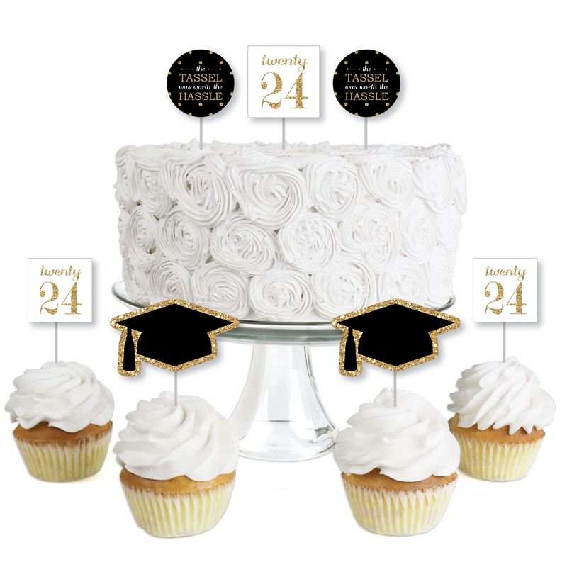 Big Dot of Happiness Gold 2024 Graduation Party - Dessert Cupcake Toppers - Clear Treat Picks - Set of 24, 1 of 8
