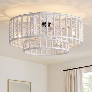 Ludomide 19" Ceiling Fans with Lights and Remote, Double Layer Caged Flush Mount Ceiling Fan with Beaded Decor for Bedroom Dining Room-White - 1 of 4