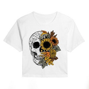 Women's - Instant Message - Skull With Fall Foliage Cropped Graphic T-Shirt - 1 of 4