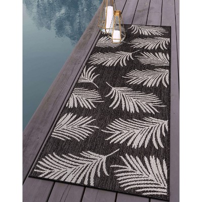 Tropical Palm Leaves Black Synthetic Flatwoven Reversible Rug - 2'x7'