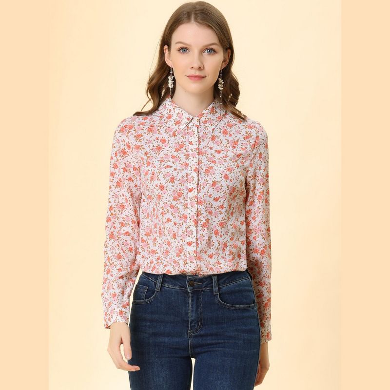Allegra K Women's Daily Point Collar Long Button Sleeve Button Down Floral Shirt, 4 of 8