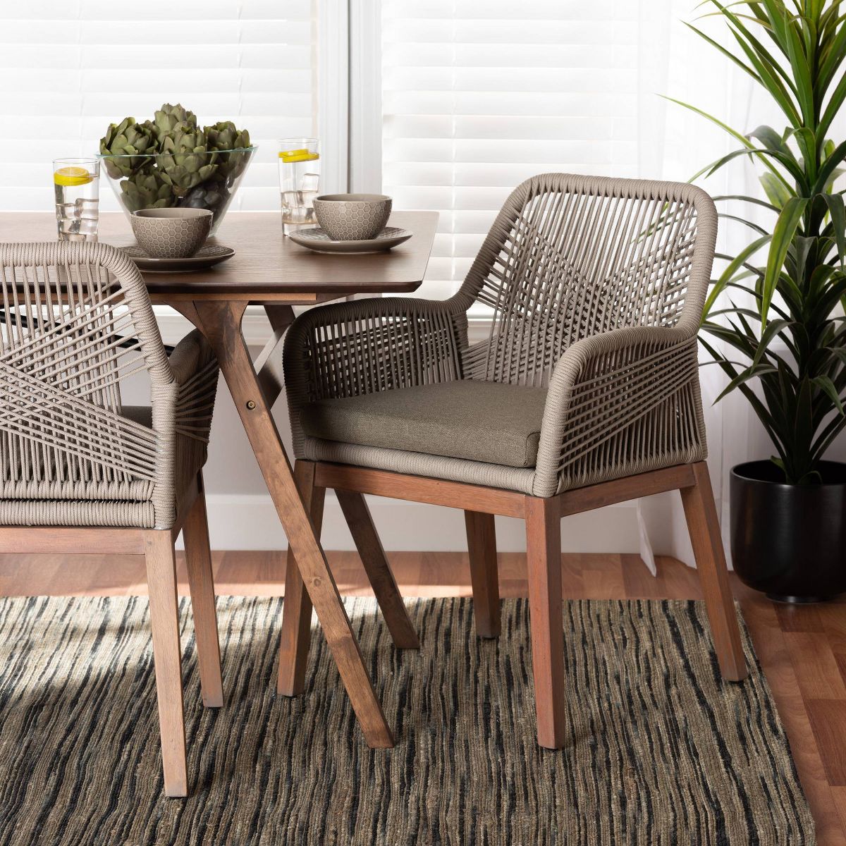 bali & pari Jennifer Woven Rope Mahogany Dining Armchair Gray/Walnut: Upholstered, No Assembly, Polyester/Cotton - thumbnail 2