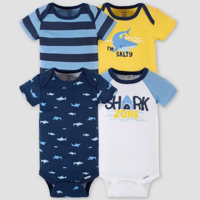 Gerber Baby 4pk Shark Zone Onesies - White/Blue/Yellow 0-3M