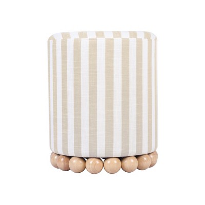 Dex Beige and White Striped Linen Ottoman with Wood Base