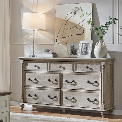 Farmhouse 7 Drawers Dresser for Bedroom with 4 Solid Wood Feet & Column Decor & Metal Slide, Storage Dressers for Bedroom
