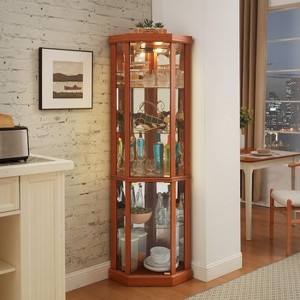 Vynxaria Corner Curio Cabinet, American Classical Style, Glass Display Case, Light Oak Finish, 150 lbs Capacity - 1 of 4