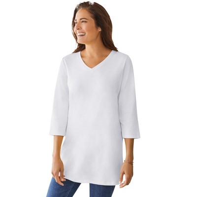 Woman Within Plus Size Perfect Three-Quarter Sleeve V-Neck Tunic