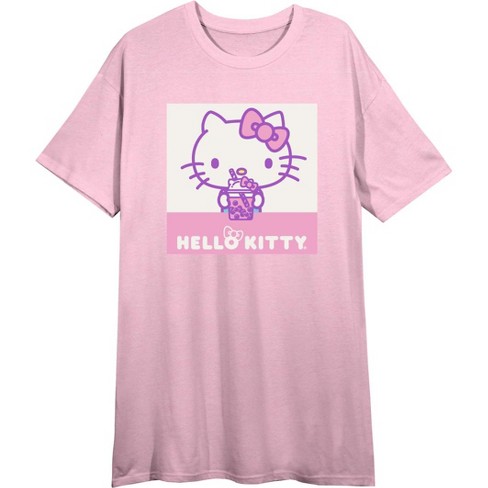 Hello Kitty Drinking Boba Tea Women's Pink Short Sleeve Sleep Shirt-Small