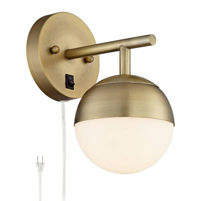 360 Lighting Mid Century Modern Wall Lamp Antique Brass Plug-In Light Fixture Frosted Glass Globe for Bedroom Living Room Reading