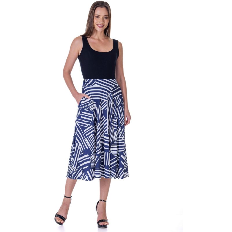 24seven Comfort Apparel Womens Navy Geometric Print Pleated Midi Skirt With Pockets, 4 of 7