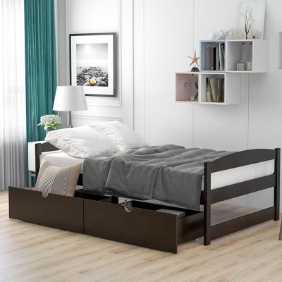 Twin Size Platform Bed With 2 Drawers Pine Wood Twin Size Bedframe With Headboard Footboard
