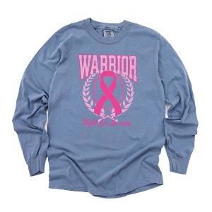 Simply Sage Market Women's Pink Ribbon Warrior Long Sleeve Garment Dyed Tee - 1 of 2
